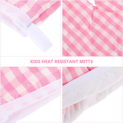 2 Pcs Kids Oven Mitts - Pink Checkered Play Kitchen Heat Resistant Baking Gloves for Toddlers Microwave Mini Cooking Mittens for Small Hands Girls Boys BBQ Grilling 17 x 12 Cm