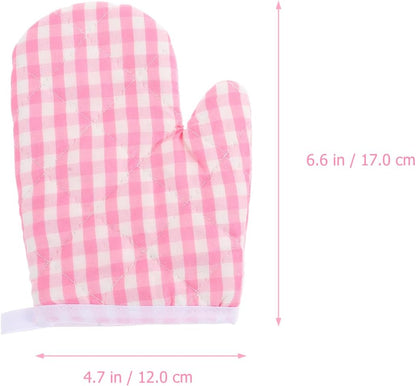 2 Pcs Kids Oven Mitts - Pink Checkered Play Kitchen Heat Resistant Baking Gloves for Toddlers Microwave Mini Cooking Mittens for Small Hands Girls Boys BBQ Grilling 17 x 12 Cm