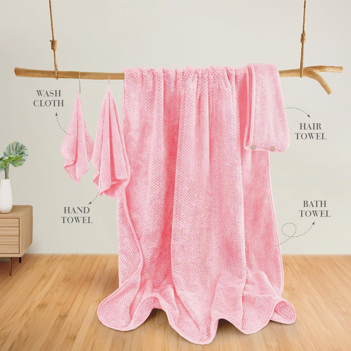MaopaoBeauty Pink Towels 4 Piece Pink Towel Set, 35x70 in Extra Large Bath Towel Hand Towels Hair Towels Washcloths - Highly Absorbent Quick Dry, Soft Towel Set for Bathroom, Pack of 4