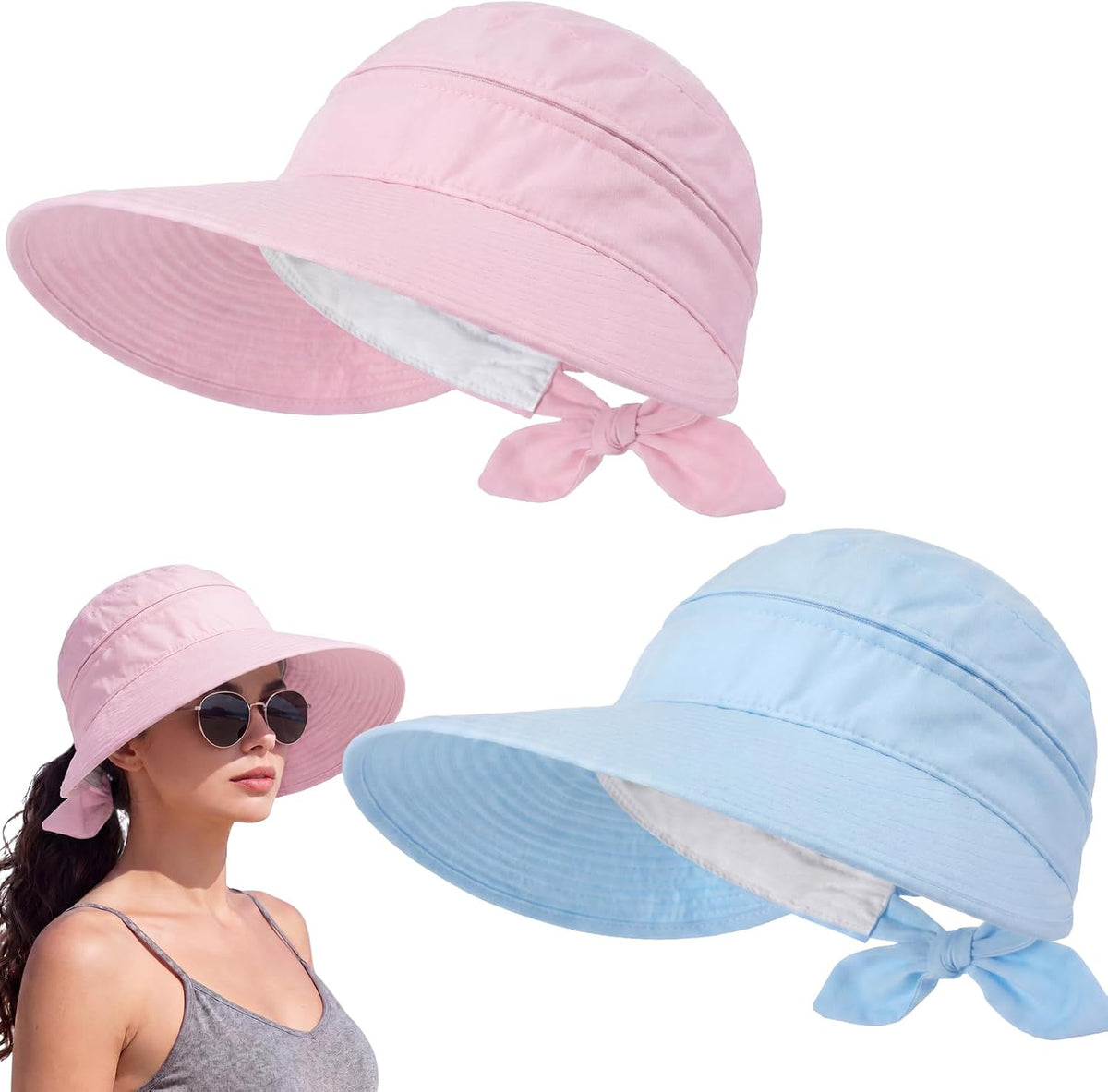 2 Pack Women's Wide Brim Sun Hat with Ponytail, Zip Off Packable Visor Hat UV Protection for Beach Golf Gardening