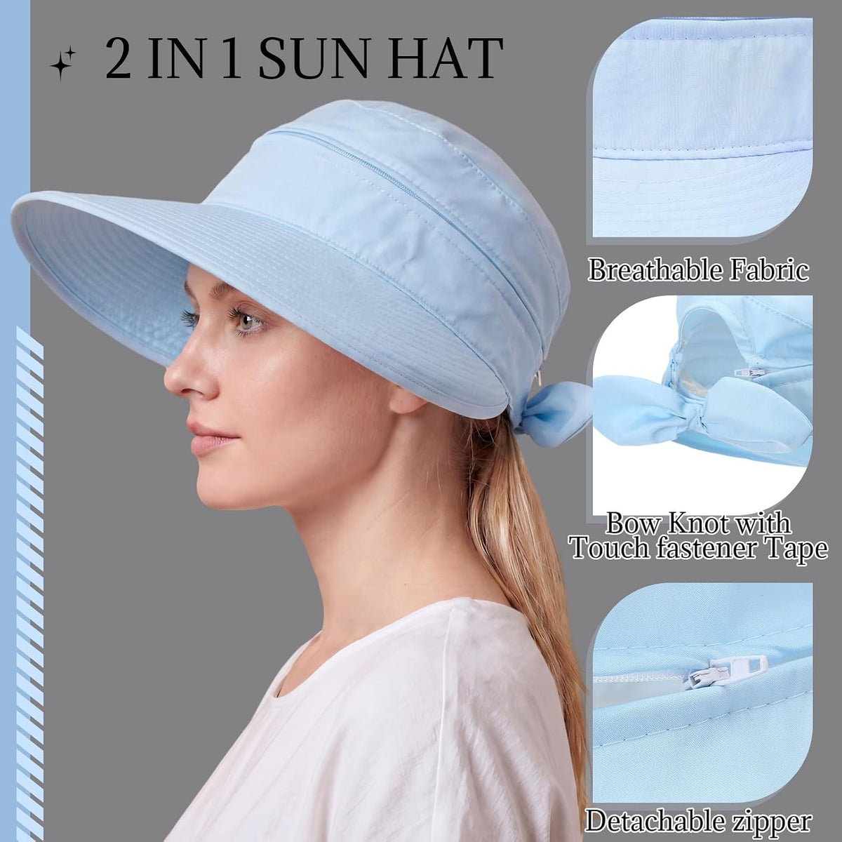 2 Pack Women's Wide Brim Sun Hat with Ponytail, Zip Off Packable Visor Hat UV Protection for Beach Golf Gardening