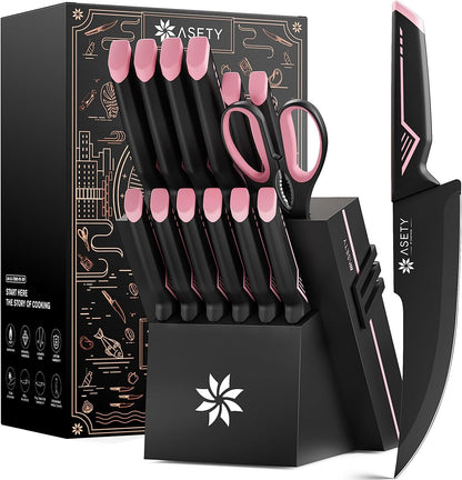 15 PCS Knife Set with Block and Sharpener, Dishwasher Safe, Pink