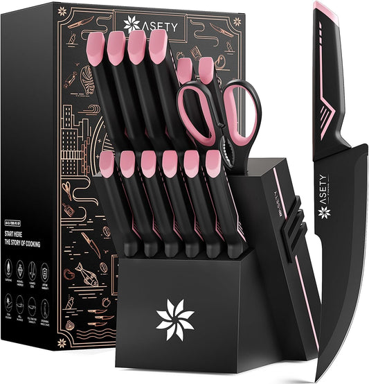 15 PCS Knife Set with Block and Sharpener, Dishwasher Safe, Pink
