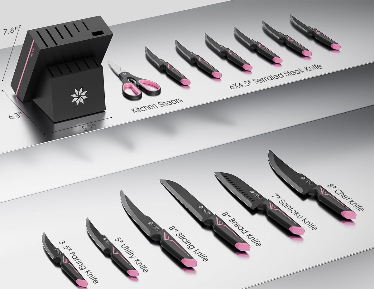 15 PCS Knife Set with Block and Sharpener, Dishwasher Safe, Pink