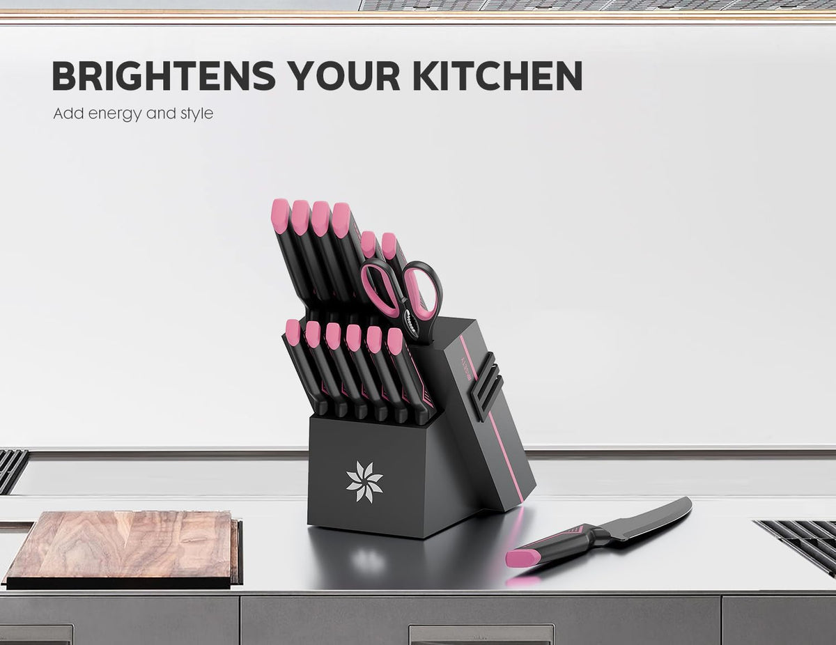 15 PCS Knife Set with Block and Sharpener, Dishwasher Safe, Pink