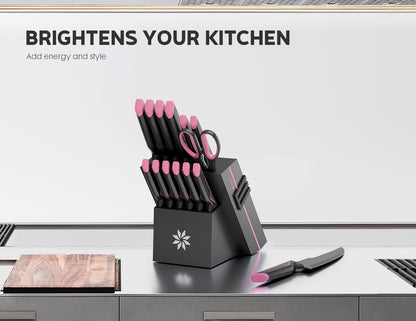 15 PCS Knife Set with Block and Sharpener, Dishwasher Safe, Pink