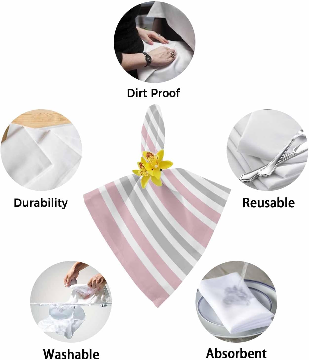 Pink Stripes Cloth Napkins Set of 6, Modern Minimalist Horizontal Ombre Lines Washable Reusable Dinner Cocktail Napkin for Kitchen Party Wedding Banquet Holiday Baby Shower Table Decor