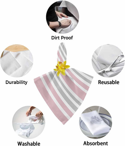 Pink Stripes Cloth Napkins Set of 6, Modern Minimalist Horizontal Ombre Lines Washable Reusable Dinner Cocktail Napkin for Kitchen Party Wedding Banquet Holiday Baby Shower Table Decor