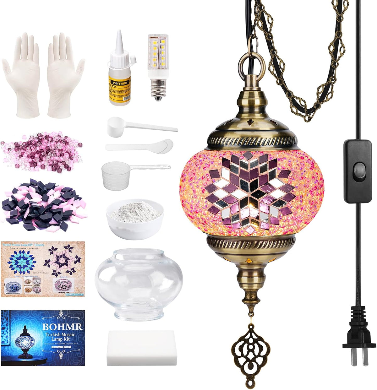 DIY Turkish Mosaic Lamp Kit, 5.2" D Plug-in Pendant Light, Pink