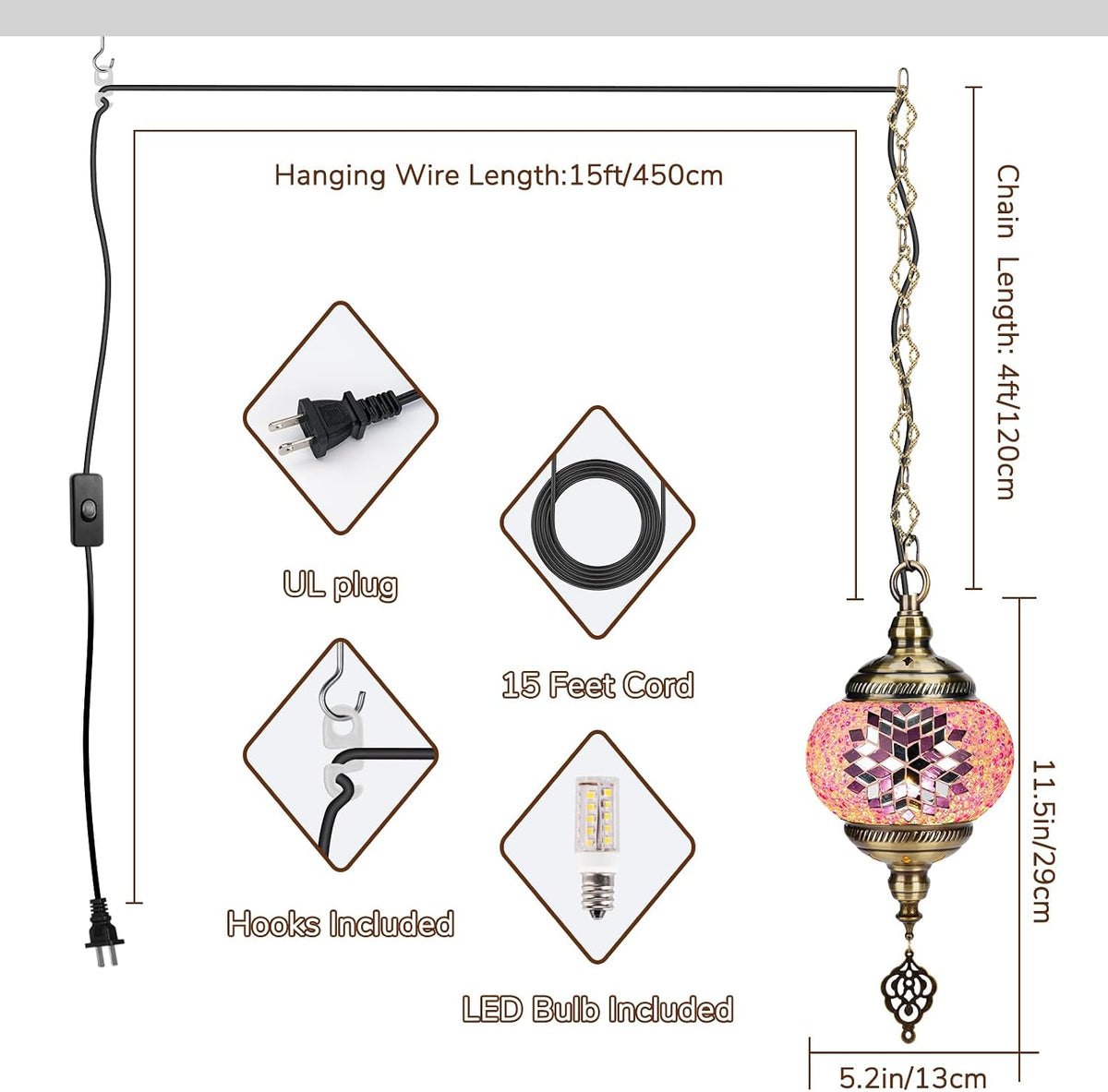DIY Turkish Mosaic Lamp Kit, 5.2" D Plug-in Pendant Light, Pink