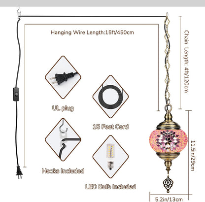 DIY Turkish Mosaic Lamp Kit, 5.2" D Plug-in Pendant Light, Pink