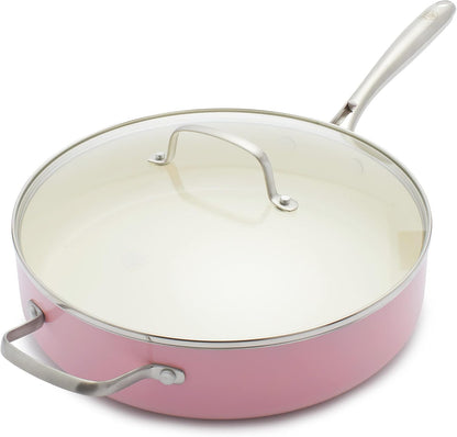 Artisan Healthy Ceramic Nonstick, 5QT Saute Pan Jumbo Cooker with Helper Handle and Lid, Stainless Steel Handle, Induction, PFAS-Free, Dishwasher Safe, Oven Safe, Pink