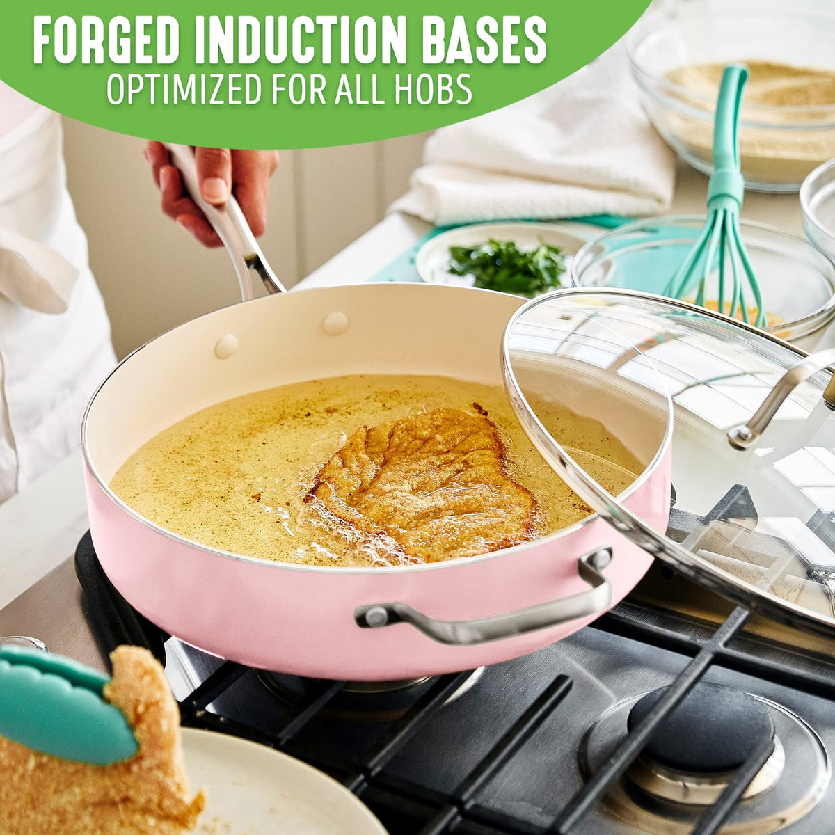 Artisan Healthy Ceramic Nonstick, 5QT Saute Pan Jumbo Cooker with Helper Handle and Lid, Stainless Steel Handle, Induction, PFAS-Free, Dishwasher Safe, Oven Safe, Pink