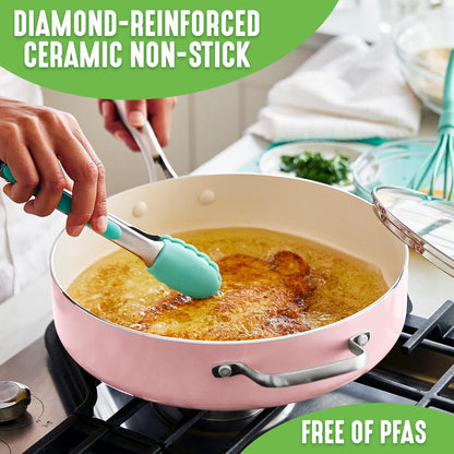Artisan Healthy Ceramic Nonstick, 5QT Saute Pan Jumbo Cooker with Helper Handle and Lid, Stainless Steel Handle, Induction, PFAS-Free, Dishwasher Safe, Oven Safe, Pink