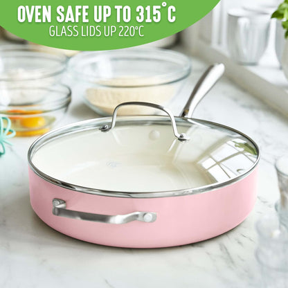 Artisan Healthy Ceramic Nonstick, 5QT Saute Pan Jumbo Cooker with Helper Handle and Lid, Stainless Steel Handle, Induction, PFAS-Free, Dishwasher Safe, Oven Safe, Pink