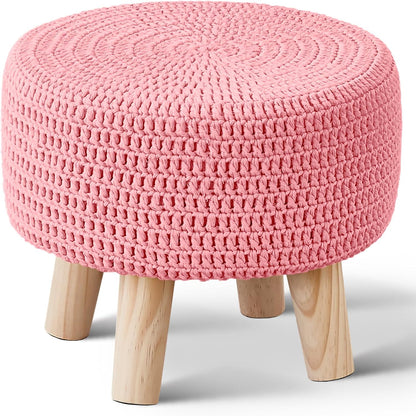 Pouf Ottoman, 100% Cotton Knitted Boho Footstool, Round Footrest with Non-Skid Wood Legs, Home Décor Handmade Pouffe, Leisure Floor Step Stool for Living Room (Pink)