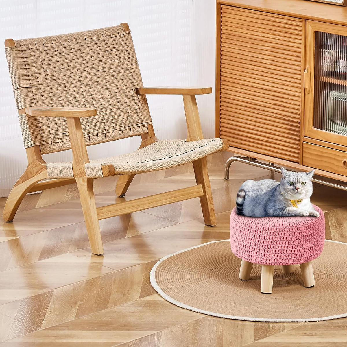 Pouf Ottoman, 100% Cotton Knitted Boho Footstool, Round Footrest with Non-Skid Wood Legs, Home Décor Handmade Pouffe, Leisure Floor Step Stool for Living Room (Pink)