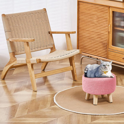 Pouf Ottoman, 100% Cotton Knitted Boho Footstool, Round Footrest with Non-Skid Wood Legs, Home Décor Handmade Pouffe, Leisure Floor Step Stool for Living Room (Pink)