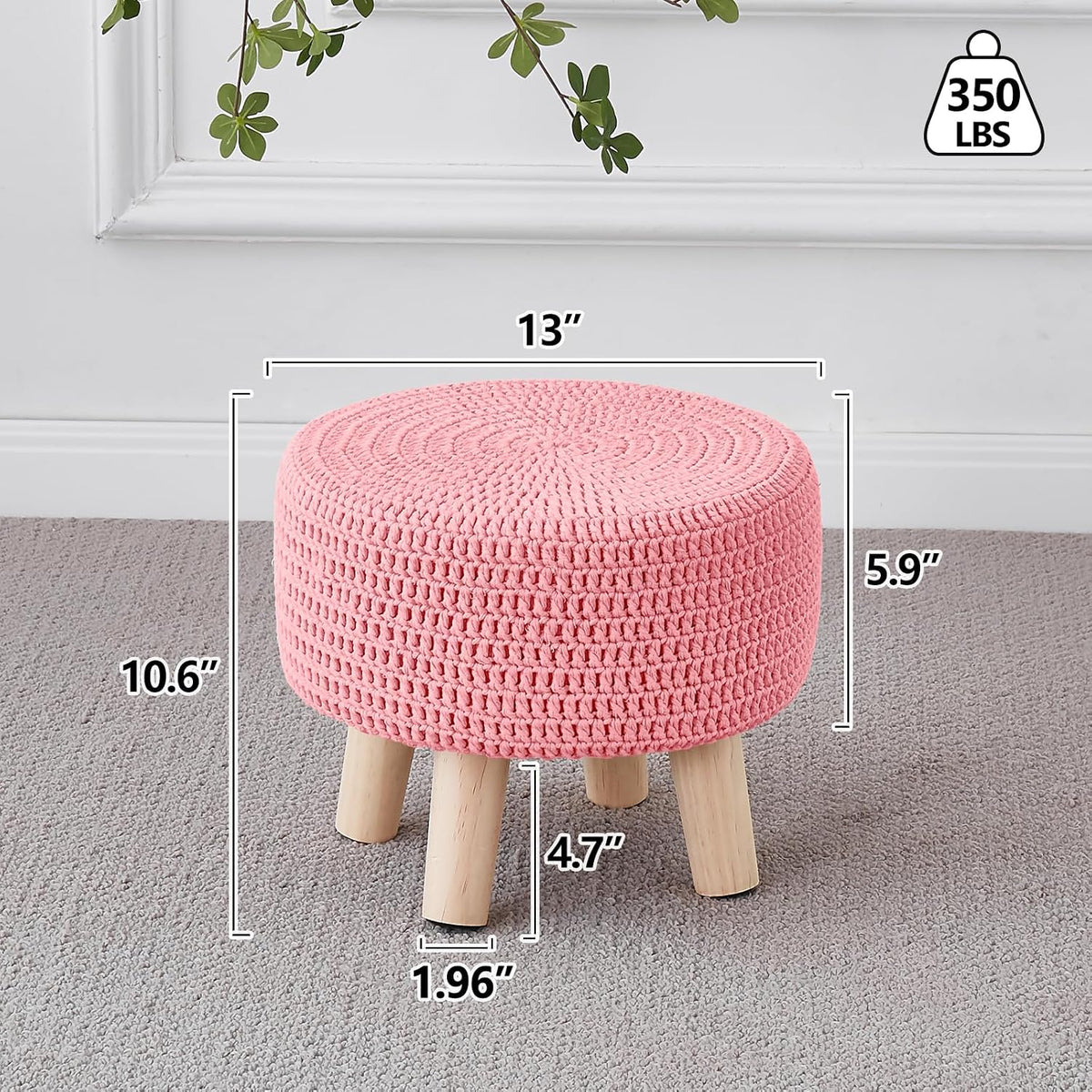 Pouf Ottoman, 100% Cotton Knitted Boho Footstool, Round Footrest with Non-Skid Wood Legs, Home Décor Handmade Pouffe, Leisure Floor Step Stool for Living Room (Pink)