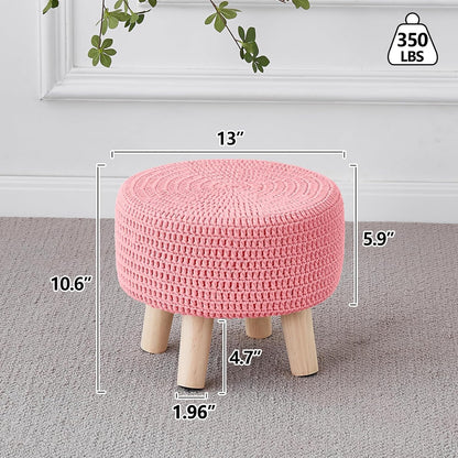 Pouf Ottoman, 100% Cotton Knitted Boho Footstool, Round Footrest with Non-Skid Wood Legs, Home Décor Handmade Pouffe, Leisure Floor Step Stool for Living Room (Pink)