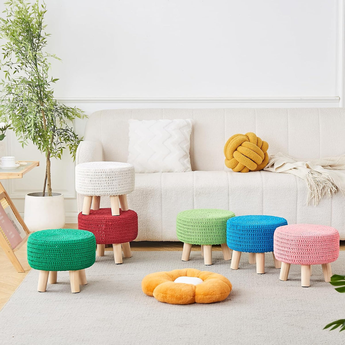 Pouf Ottoman, 100% Cotton Knitted Boho Footstool, Round Footrest with Non-Skid Wood Legs, Home Décor Handmade Pouffe, Leisure Floor Step Stool for Living Room (Pink)
