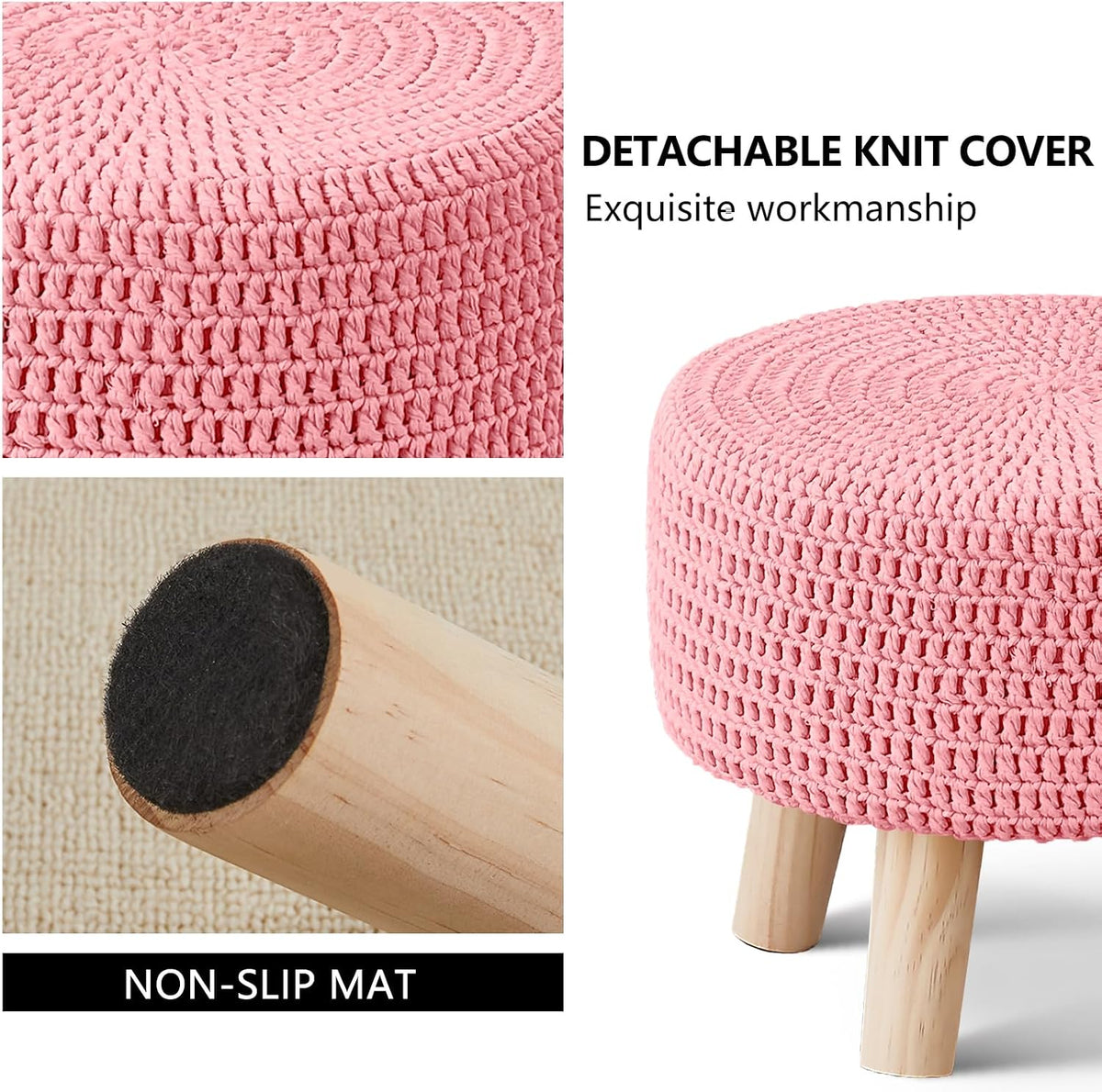 Pouf Ottoman, 100% Cotton Knitted Boho Footstool, Round Footrest with Non-Skid Wood Legs, Home Décor Handmade Pouffe, Leisure Floor Step Stool for Living Room (Pink)