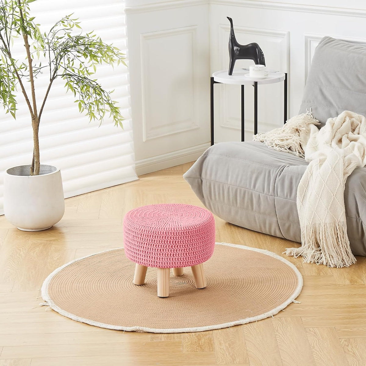 Pouf Ottoman, 100% Cotton Knitted Boho Footstool, Round Footrest with Non-Skid Wood Legs, Home Décor Handmade Pouffe, Leisure Floor Step Stool for Living Room (Pink)