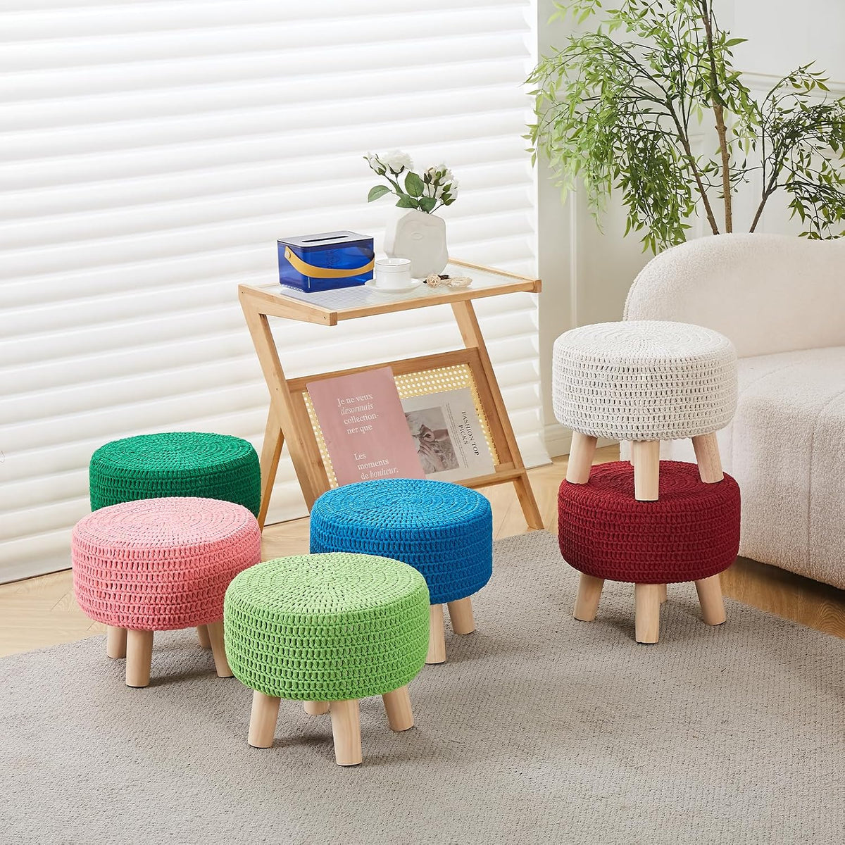 Pouf Ottoman, 100% Cotton Knitted Boho Footstool, Round Footrest with Non-Skid Wood Legs, Home Décor Handmade Pouffe, Leisure Floor Step Stool for Living Room (Pink)