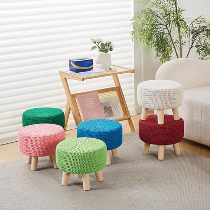 Pouf Ottoman, 100% Cotton Knitted Boho Footstool, Round Footrest with Non-Skid Wood Legs, Home Décor Handmade Pouffe, Leisure Floor Step Stool for Living Room (Pink)