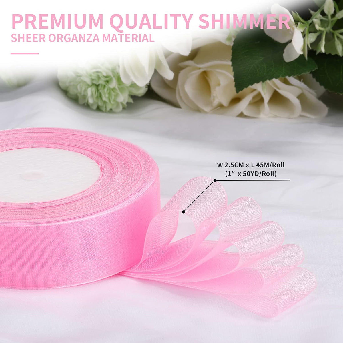50yd 1-inch Premium Quality Shimmer Sheer Organza Ribbon-Pure Color (Pink)