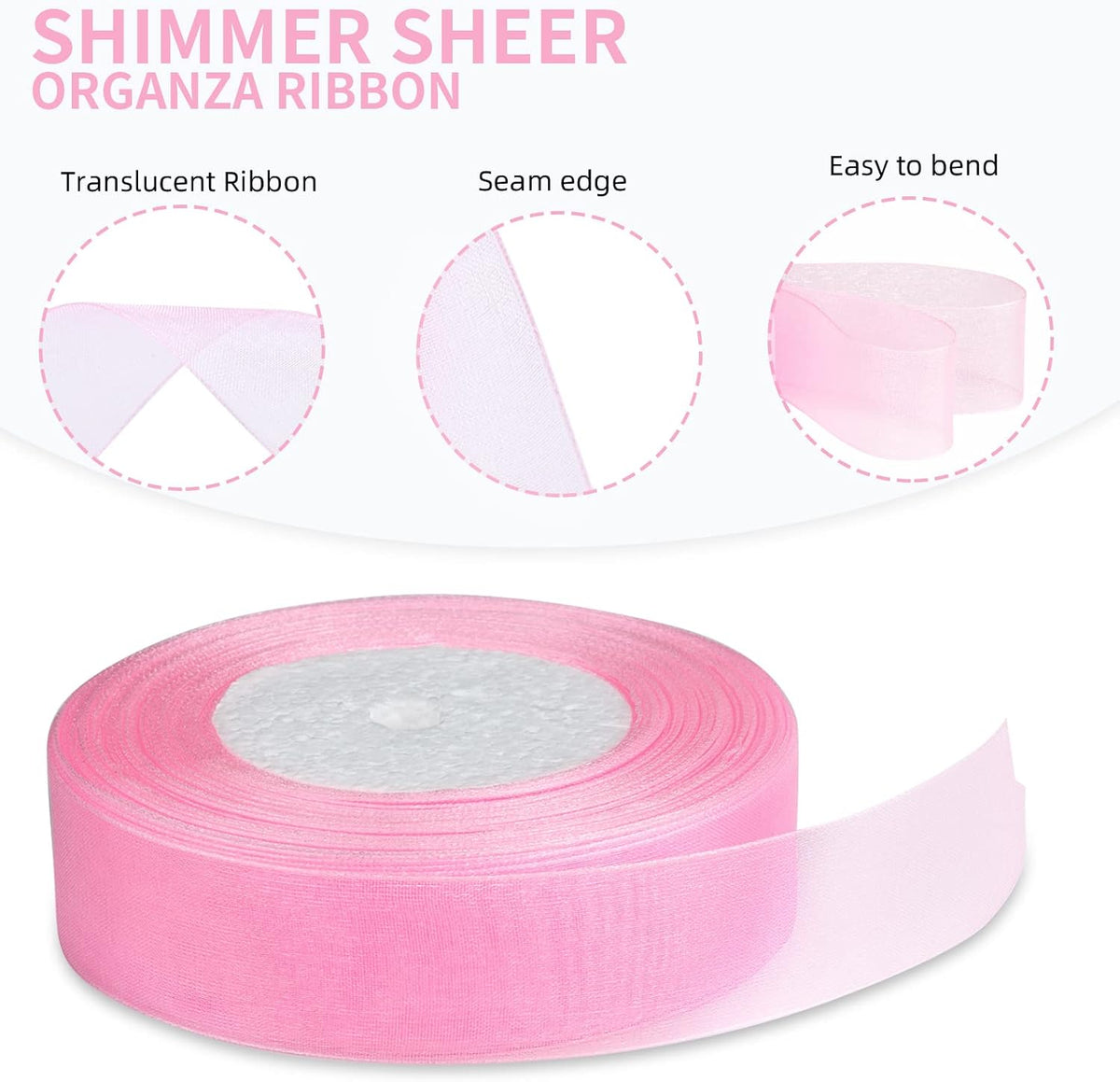 50yd 1-inch Premium Quality Shimmer Sheer Organza Ribbon-Pure Color (Pink)