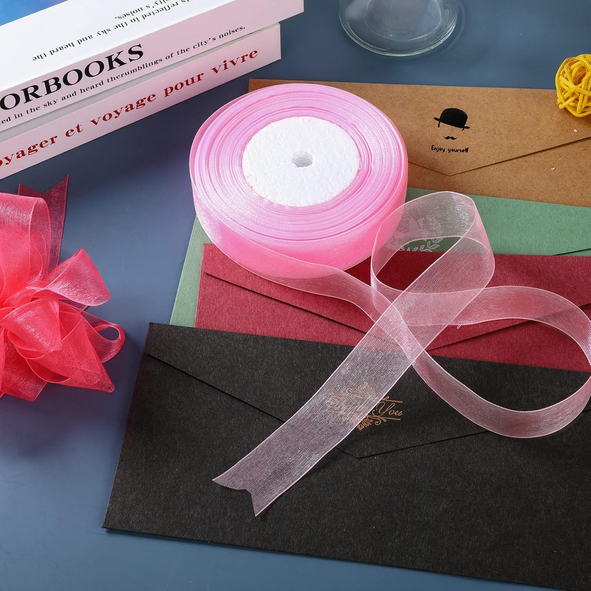 50yd 1-inch Premium Quality Shimmer Sheer Organza Ribbon-Pure Color (Pink)