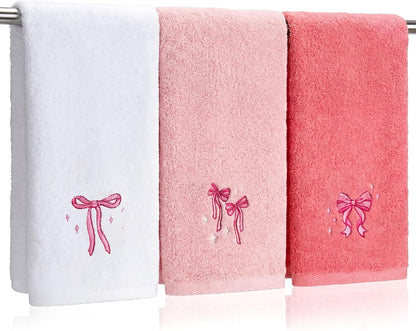 Embroidered Hand Towels, 3 Pack, Cotton, 14x29 Inch, Coquette Bow