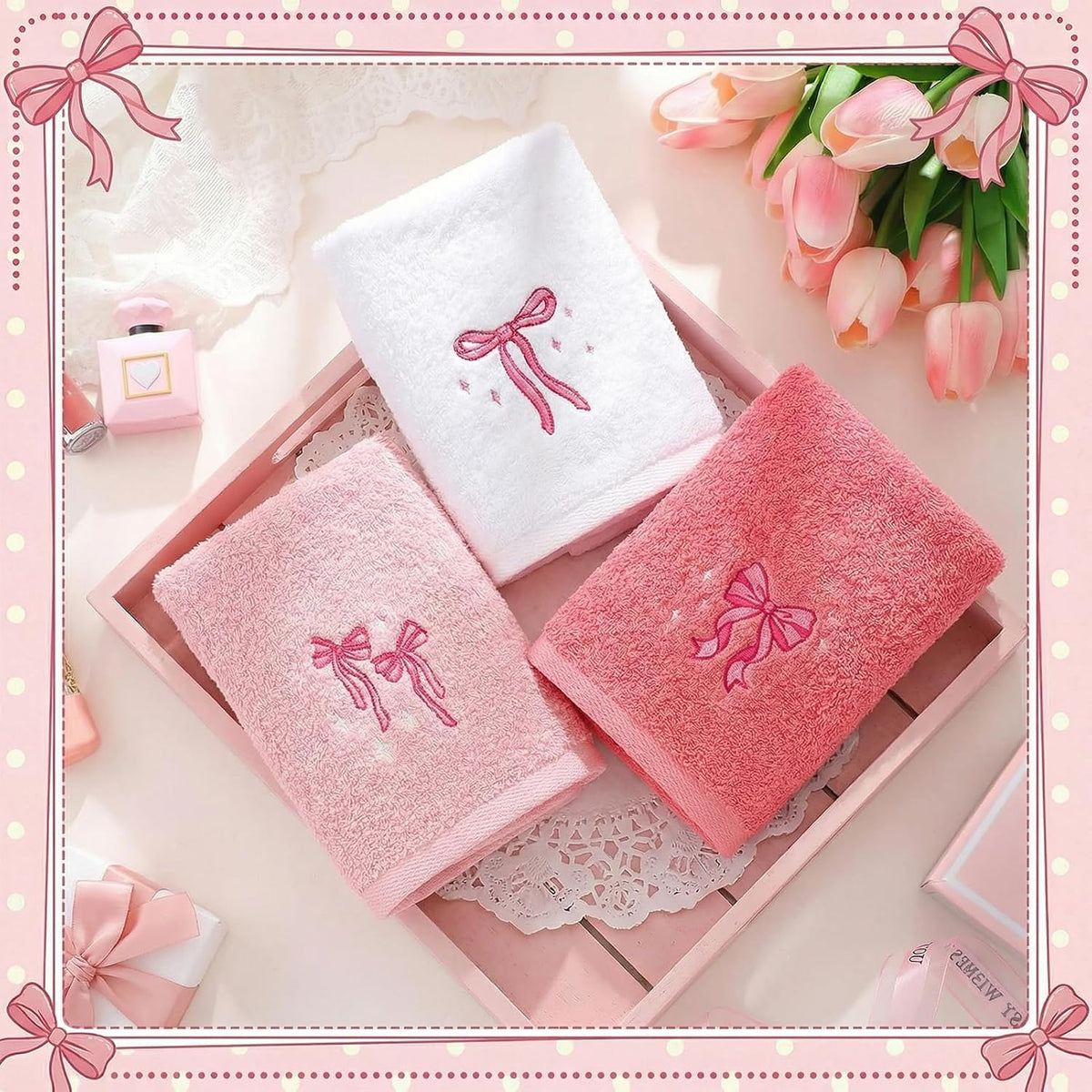 Embroidered Hand Towels, 3 Pack, Cotton, 14x29 Inch, Coquette Bow