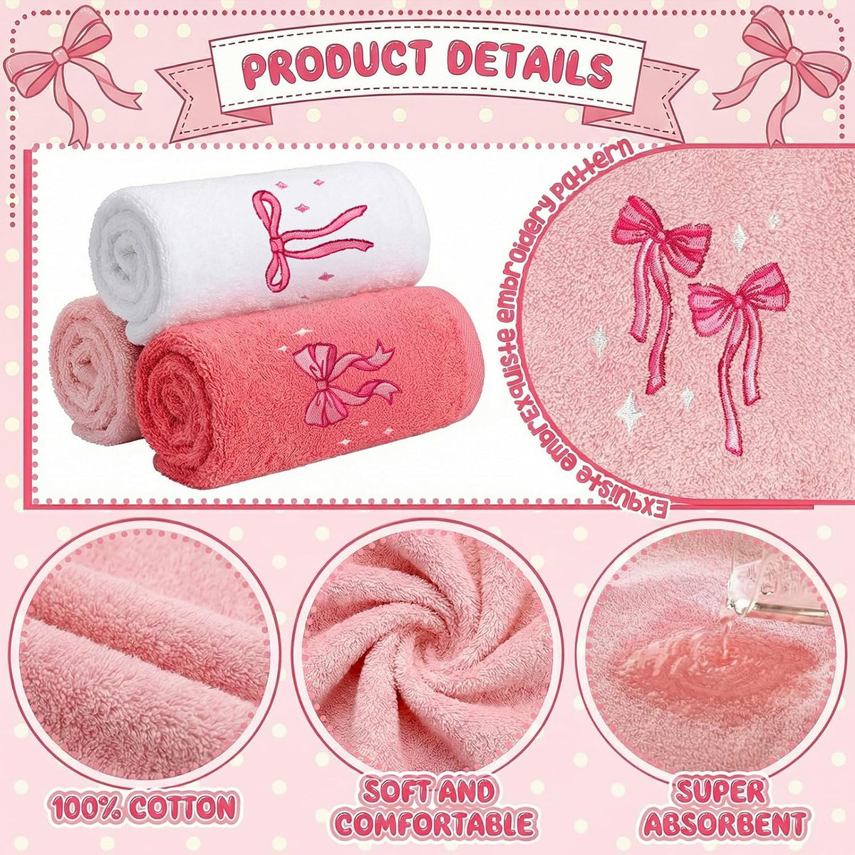 Embroidered Hand Towels, 3 Pack, Cotton, 14x29 Inch, Coquette Bow