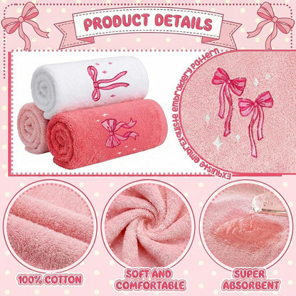 Embroidered Hand Towels, 3 Pack, Cotton, 14x29 Inch, Coquette Bow