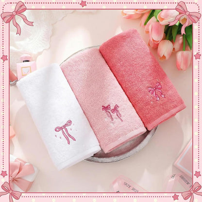 Embroidered Hand Towels, 3 Pack, Cotton, 14x29 Inch, Coquette Bow