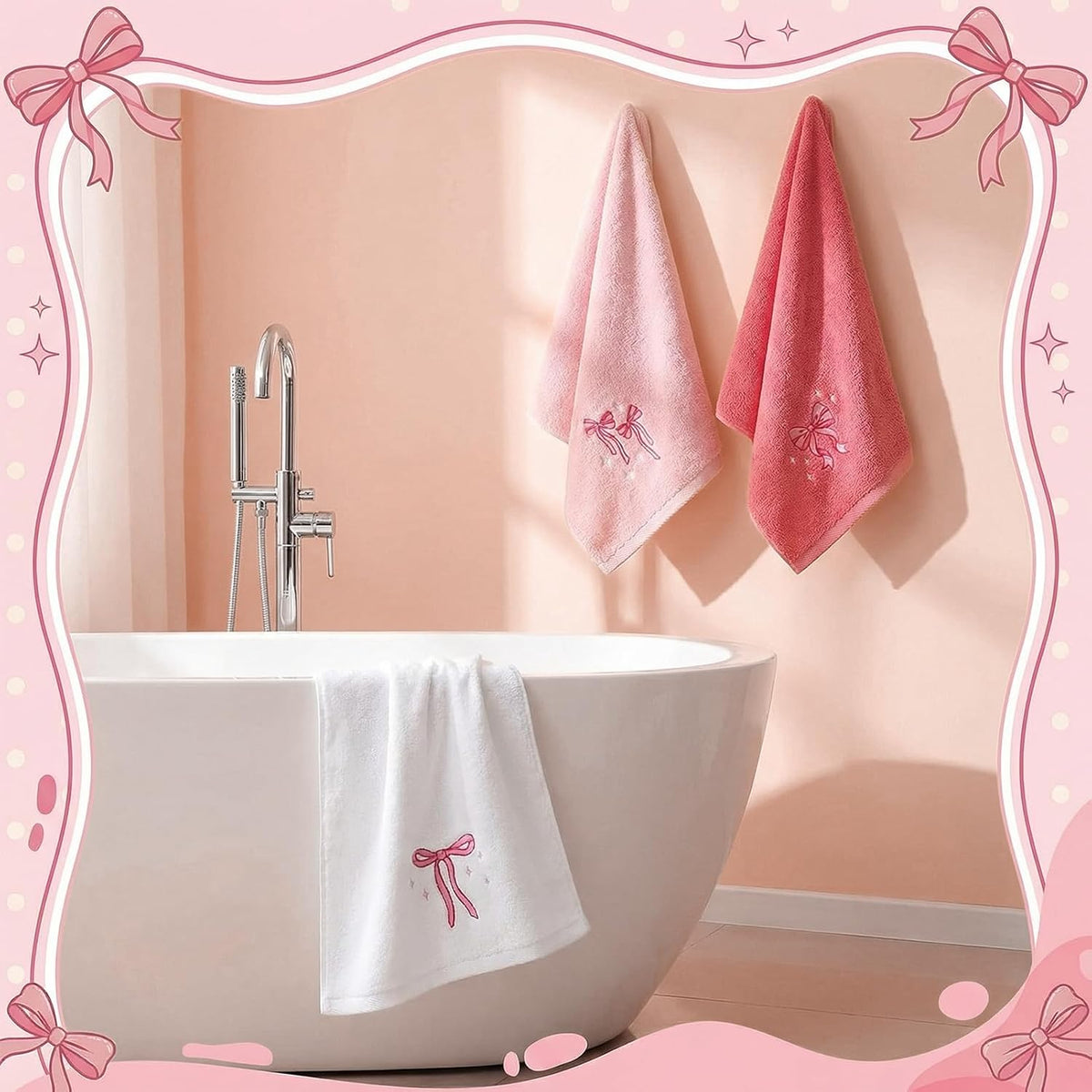 Embroidered Hand Towels, 3 Pack, Cotton, 14x29 Inch, Coquette Bow