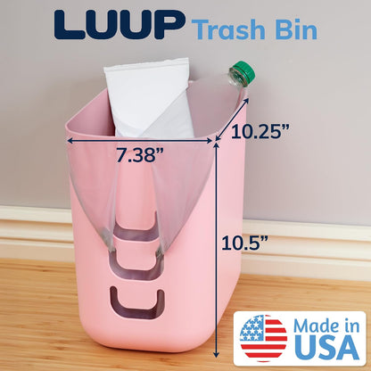 Luup Bathroom Wastebasket, Secure Grocery Bags, Plastic Garbage Container for Vanity, Laundry Room, Kitchen, Office, 2.5 Gallon, Pink, Made in USA