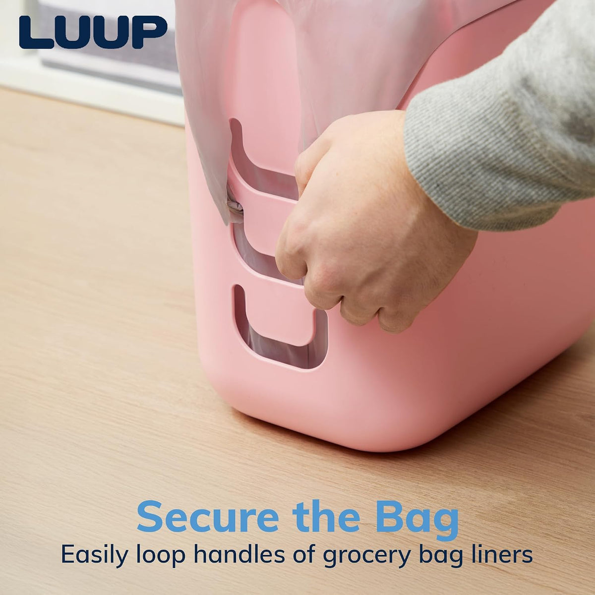 Luup Bathroom Wastebasket, Secure Grocery Bags, Plastic Garbage Container for Vanity, Laundry Room, Kitchen, Office, 2.5 Gallon, Pink, Made in USA