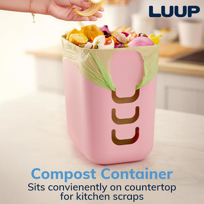 Luup Bathroom Wastebasket, Secure Grocery Bags, Plastic Garbage Container for Vanity, Laundry Room, Kitchen, Office, 2.5 Gallon, Pink, Made in USA