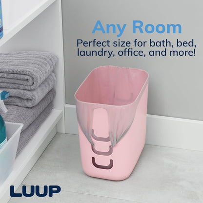 Luup Bathroom Wastebasket, Secure Grocery Bags, Plastic Garbage Container for Vanity, Laundry Room, Kitchen, Office, 2.5 Gallon, Pink, Made in USA