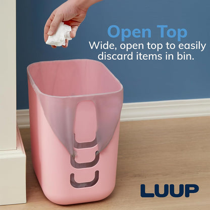 Luup Bathroom Wastebasket, Secure Grocery Bags, Plastic Garbage Container for Vanity, Laundry Room, Kitchen, Office, 2.5 Gallon, Pink, Made in USA