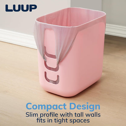 Luup Bathroom Wastebasket, Secure Grocery Bags, Plastic Garbage Container for Vanity, Laundry Room, Kitchen, Office, 2.5 Gallon, Pink, Made in USA