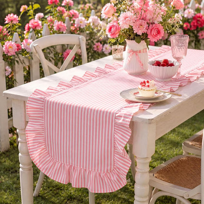 Pink Ruffled Table Runner 72", Vertical Stripe