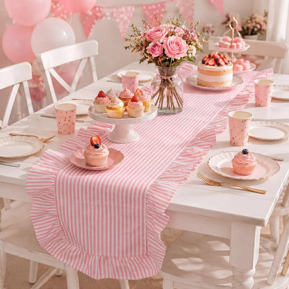 Pink Ruffled Table Runner 72", Vertical Stripe