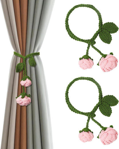2 Pack Boho Handmade Flower Curtain Tiebacks & Holdbacks - No Drill Cotton Rope Curtain Ties, Drapery Holdback Decorative Pull Backs for Nursery & Bedroom Decor (2, Pink Roses Flowers)