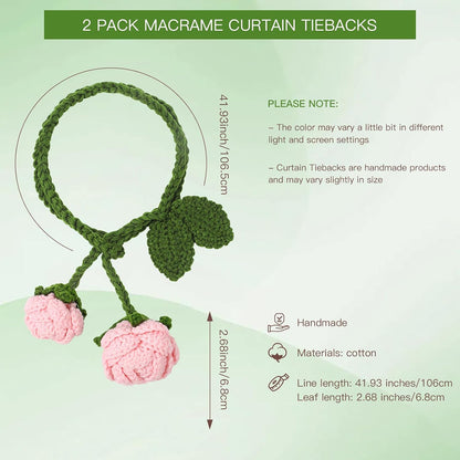 2 Pack Boho Handmade Flower Curtain Tiebacks & Holdbacks - No Drill Cotton Rope Curtain Ties, Drapery Holdback Decorative Pull Backs for Nursery & Bedroom Decor (2, Pink Roses Flowers)