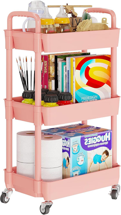 3 Tier Rolling Cart with Wheels, Utility Storage Carts,Pink