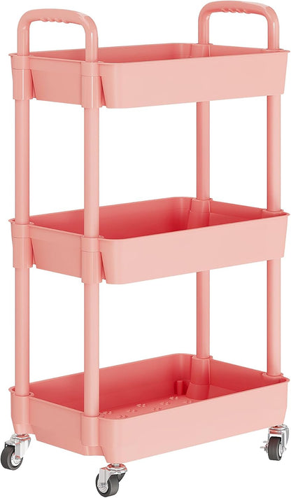 3 Tier Rolling Cart with Wheels, Utility Storage Carts,Pink